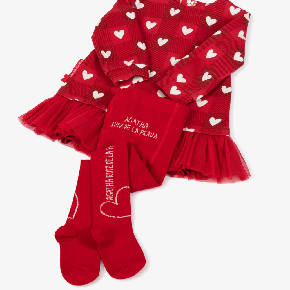 Agatha Ruiz de la Prada-Girls Red Dress Set with Checked Heart Pattern | Childrensalon