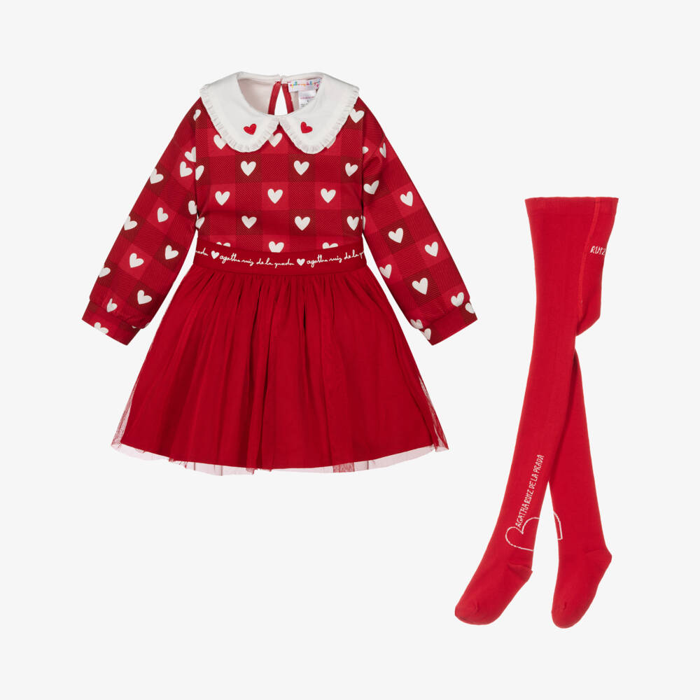 Agatha Ruiz de la Prada-Girls Red Skirt Set with Checked Heart Pattern | Childrensalon