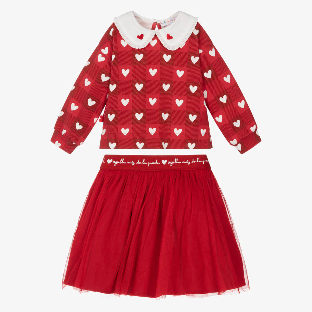 Agatha Ruiz de la Prada-Girls Red Skirt Set with Checked Heart Pattern | Childrensalon