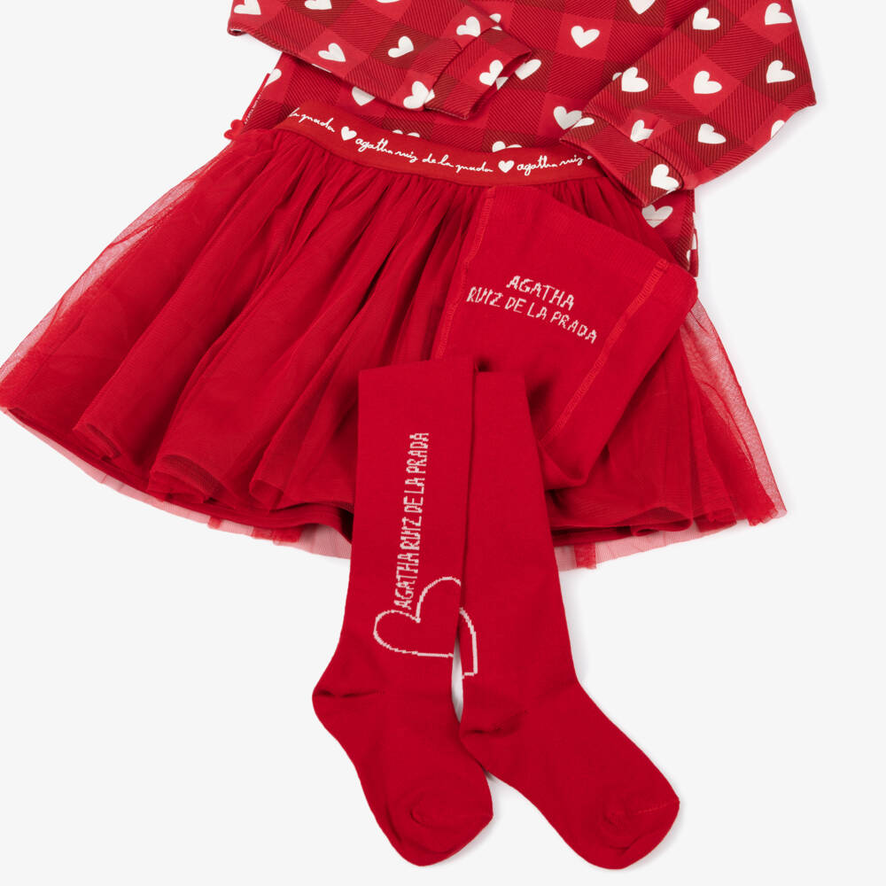 Agatha Ruiz de la Prada-Girls Red Skirt Set with Checked Heart Pattern | Childrensalon