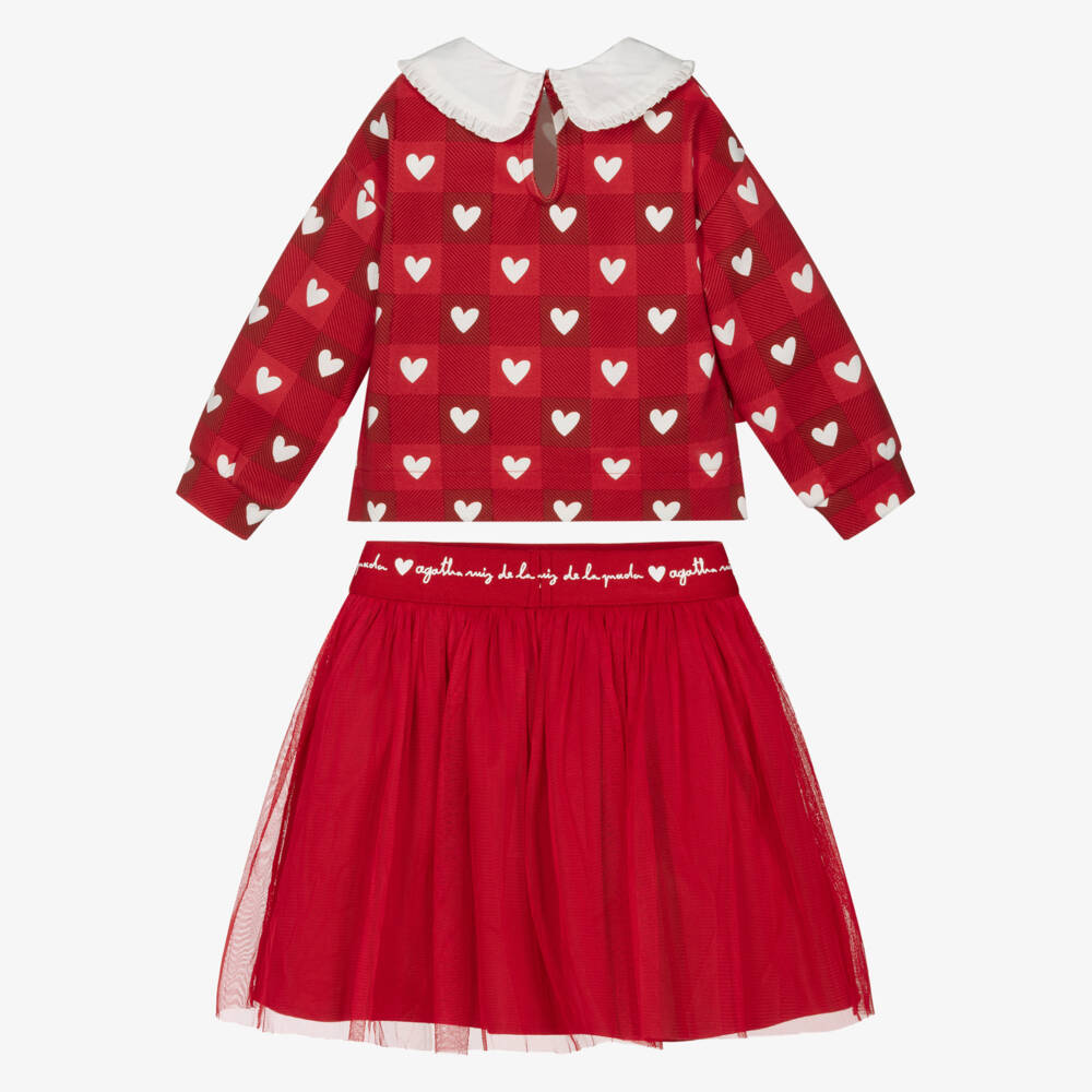 Agatha Ruiz de la Prada-Girls Red Skirt Set with Checked Heart Pattern | Childrensalon