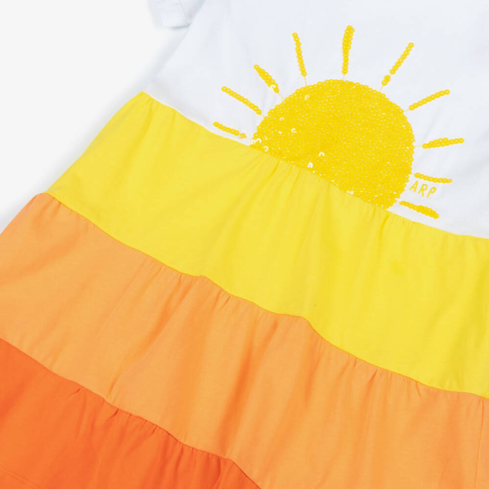 Agatha Ruiz de la Prada-Girls Sequinned Yellow & Orange Tiered Cotton Dress | Childrensalon