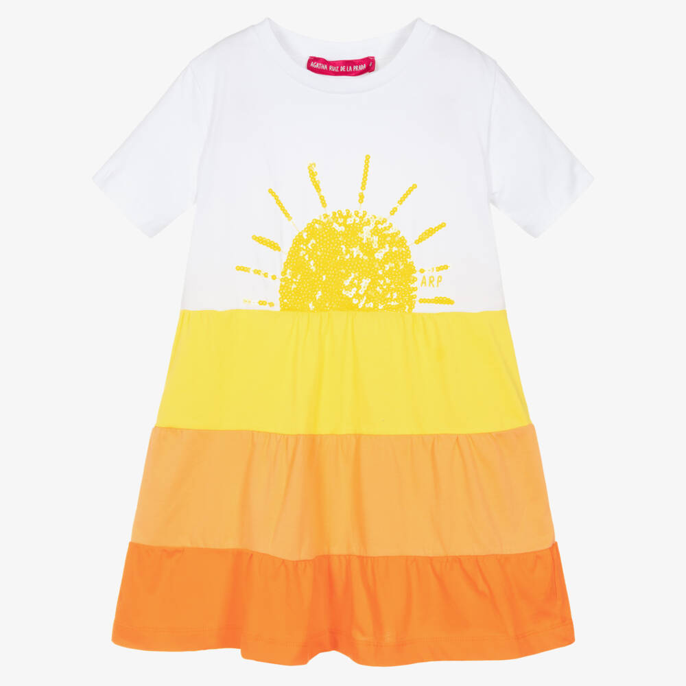 Agatha Ruiz de la Prada-Girls Sequinned Yellow & Orange Tiered Cotton Dress | Childrensalon