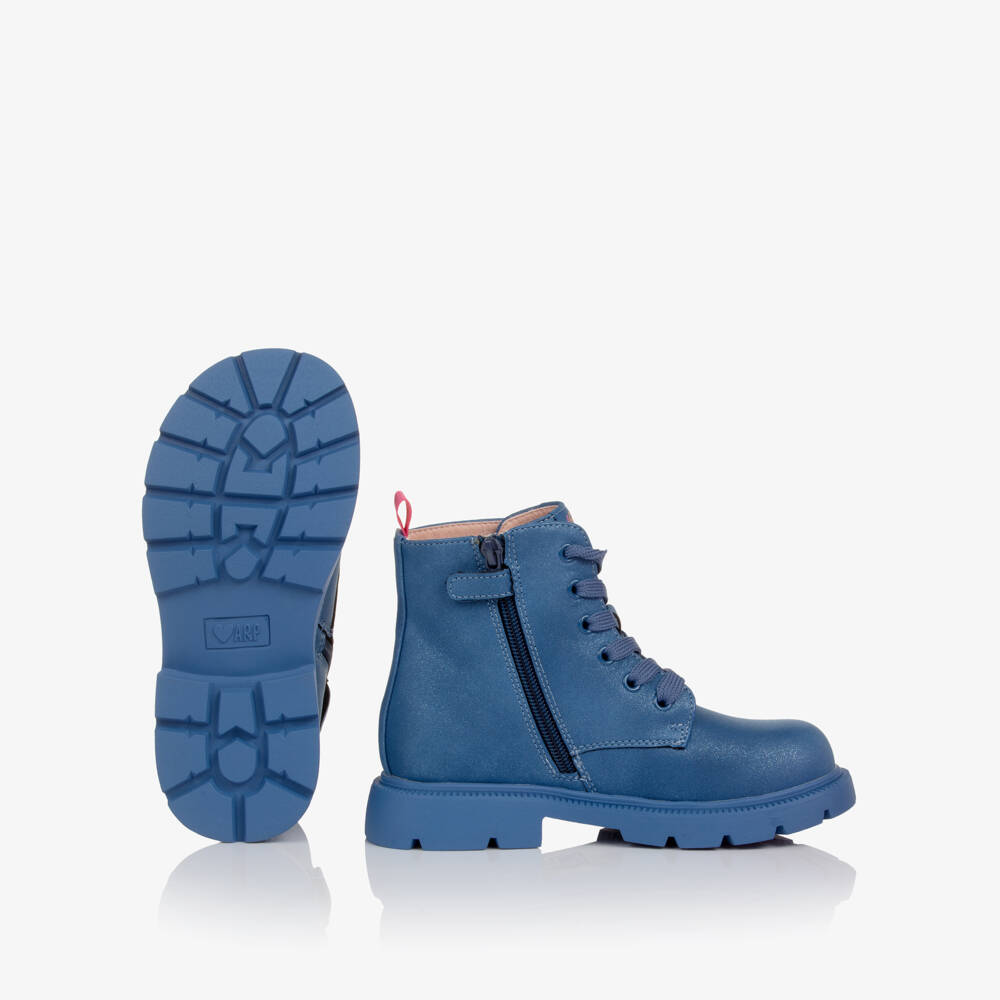 Agatha Ruiz de la Prada-Girls Shimmery Blue Faux Leather Boots with Hearts | Childrensalon