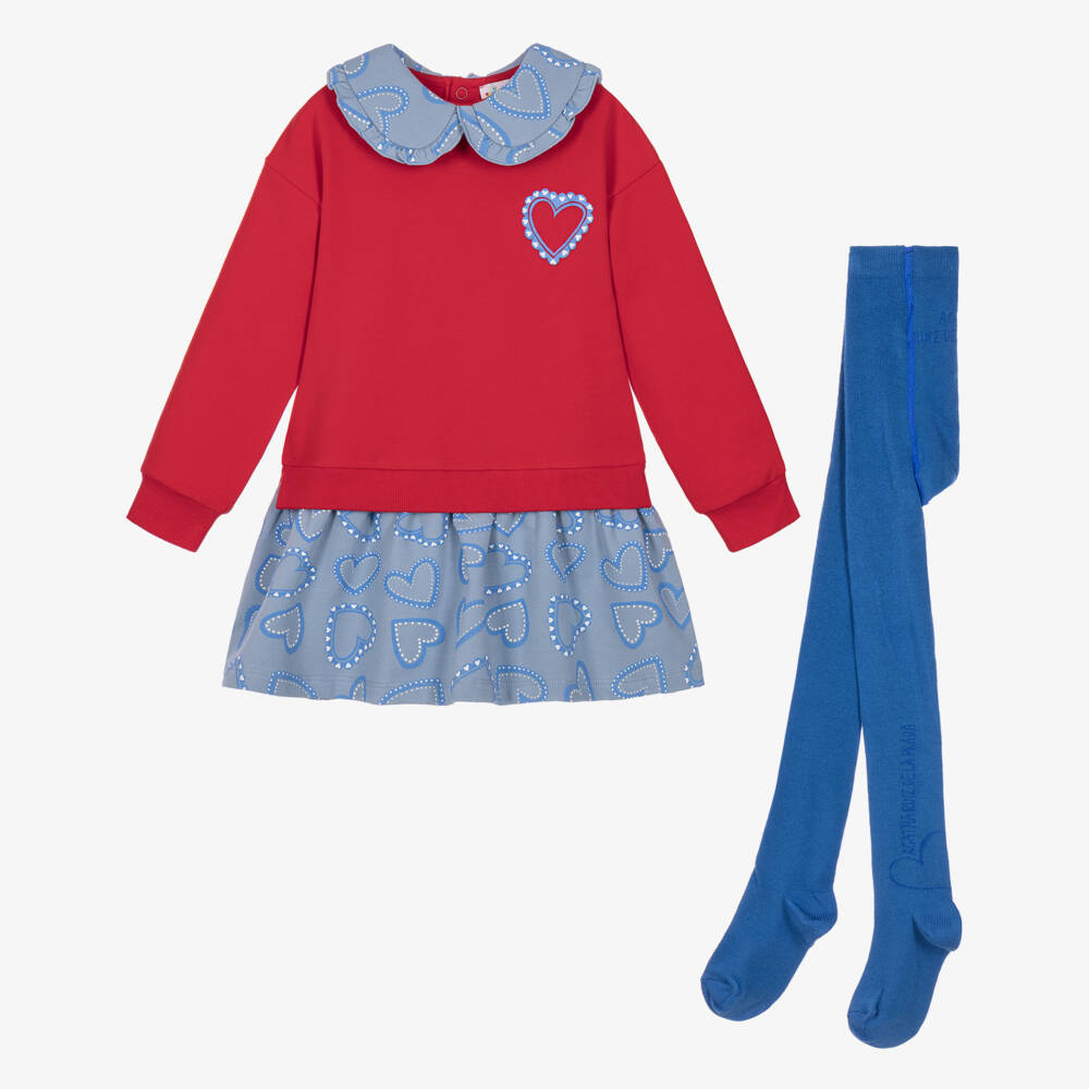Agatha Ruiz de la Prada-Girls Tomato Red & Blue Heart Print Dress Set | Childrensalon