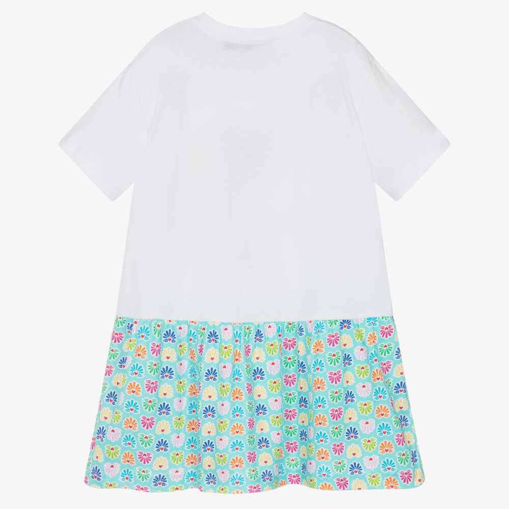 Agatha Ruiz de la Prada-Girls White & Aqua Blue Cotton Dress with Elephant Motif | Childrensalon