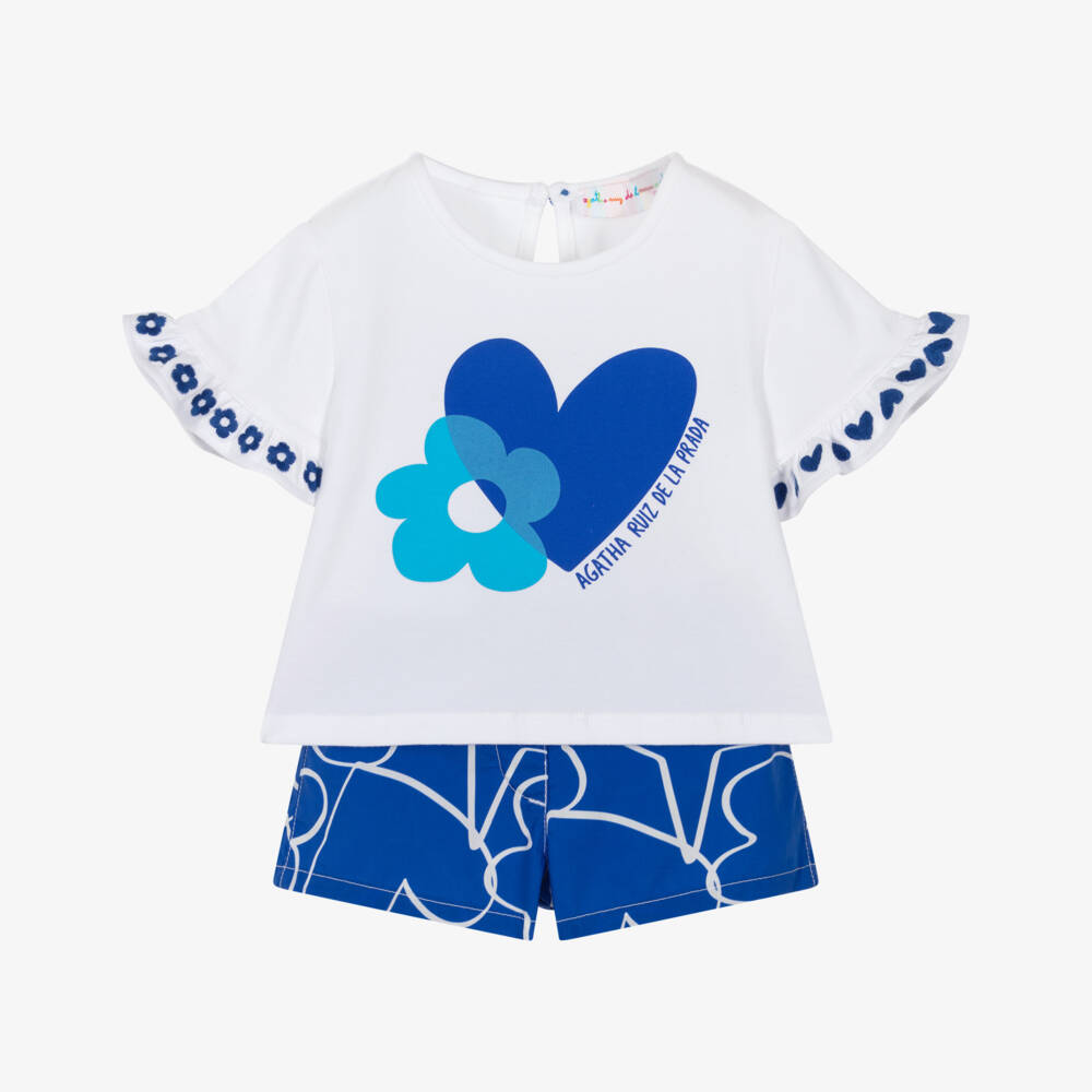 Agatha Ruiz de la Prada-Girls White & Blue Cotton Shorts Set with Hearts & Flowers | Childrensalon