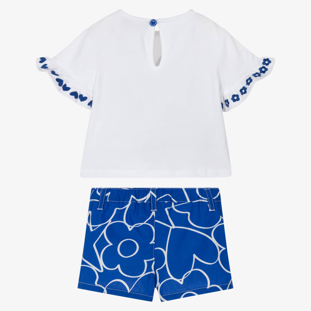 Agatha Ruiz de la Prada-Girls White & Blue Cotton Shorts Set with Hearts & Flowers | Childrensalon