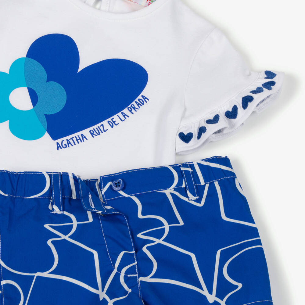 Agatha Ruiz de la Prada-Girls White & Blue Cotton Shorts Set with Hearts & Flowers | Childrensalon