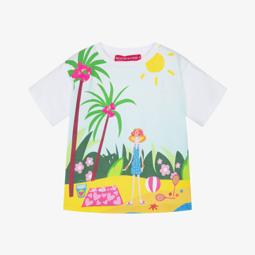 Agatha Ruiz de la Prada-Girls White & Blue Tropical Beach Print Cotton T-Shirt | Childrensalon