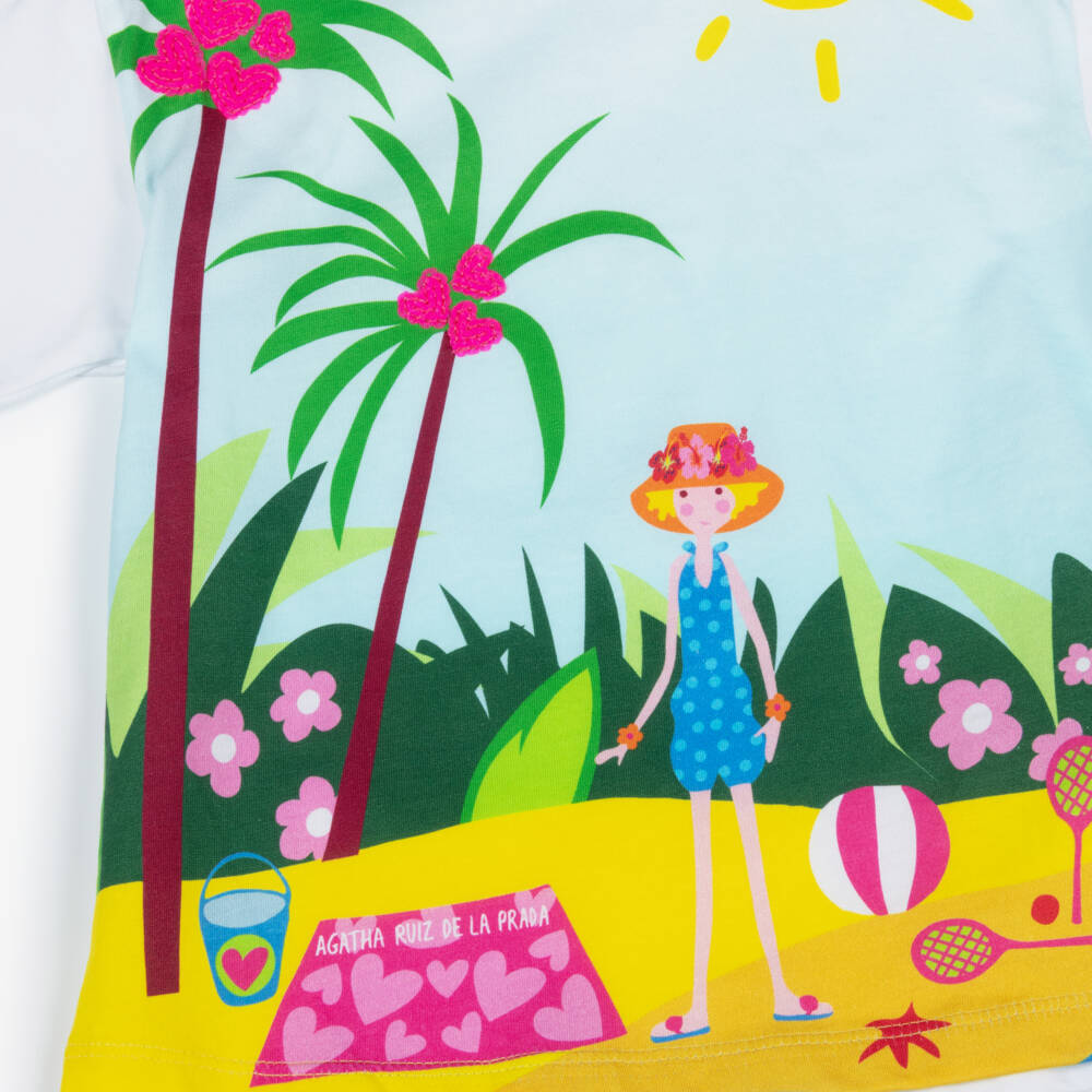 Agatha Ruiz de la Prada-Футболка бело-голубая из хлопка с тропическим пляжным принтом для девочек | Childrensalon
