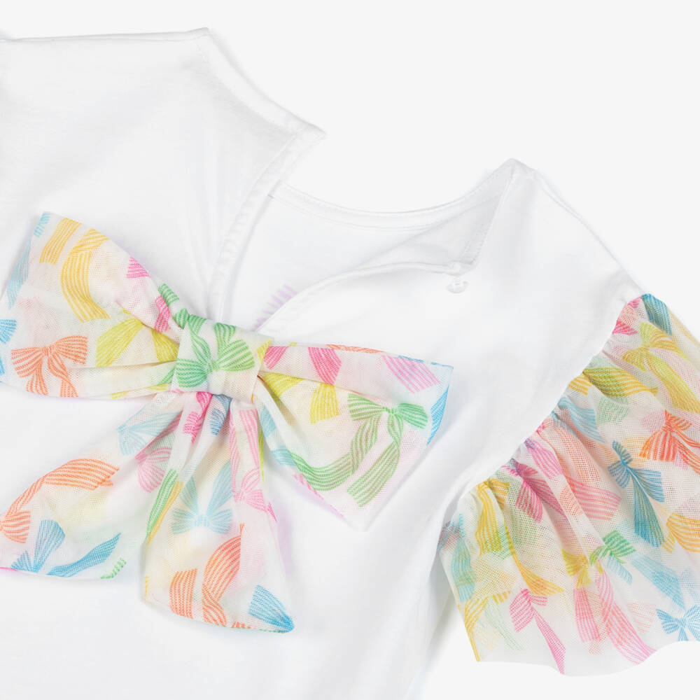 Agatha Ruiz de la Prada-Girls White Cotton Bow Print T-Shirt with Tulle Sleeves  | Childrensalon