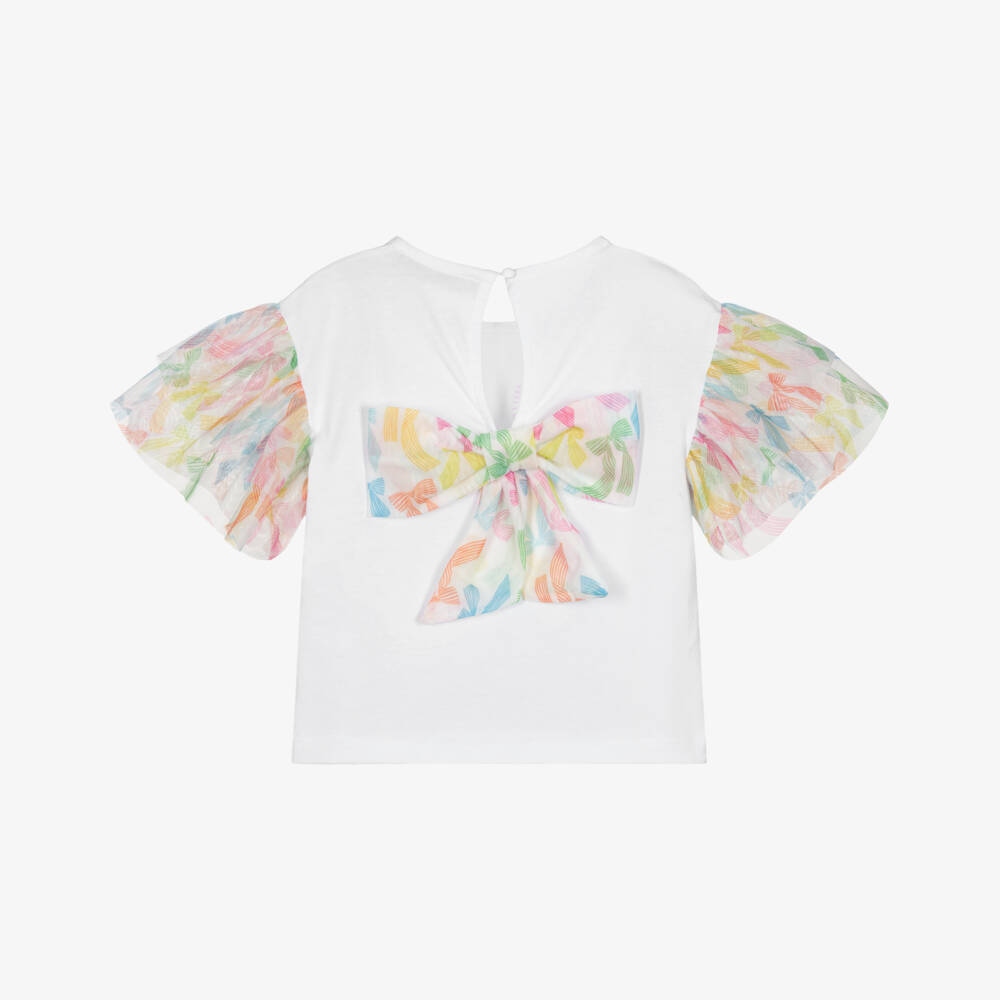 Agatha Ruiz de la Prada-Girls White Cotton Bow Print T-Shirt with Tulle Sleeves  | Childrensalon