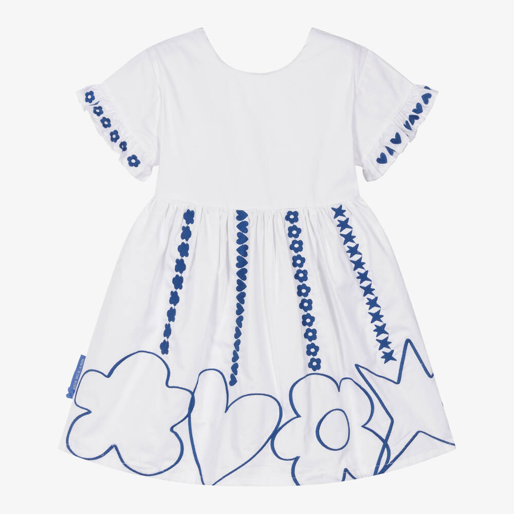 Agatha Ruiz de la Prada-Girls White Cotton Dress with Blue Heart & Flower Embroidery | Childrensalon