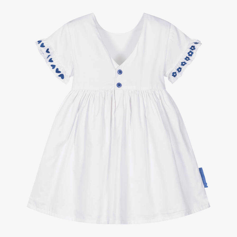 Agatha Ruiz de la Prada-Girls White Cotton Dress with Blue Heart & Flower Embroidery | Childrensalon