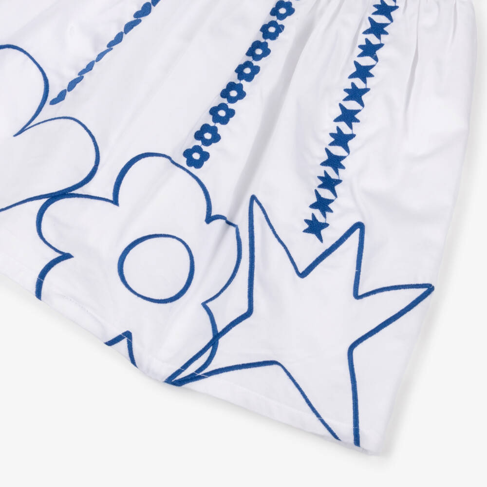 Agatha Ruiz de la Prada-Girls White Cotton Dress with Blue Heart & Flower Embroidery | Childrensalon