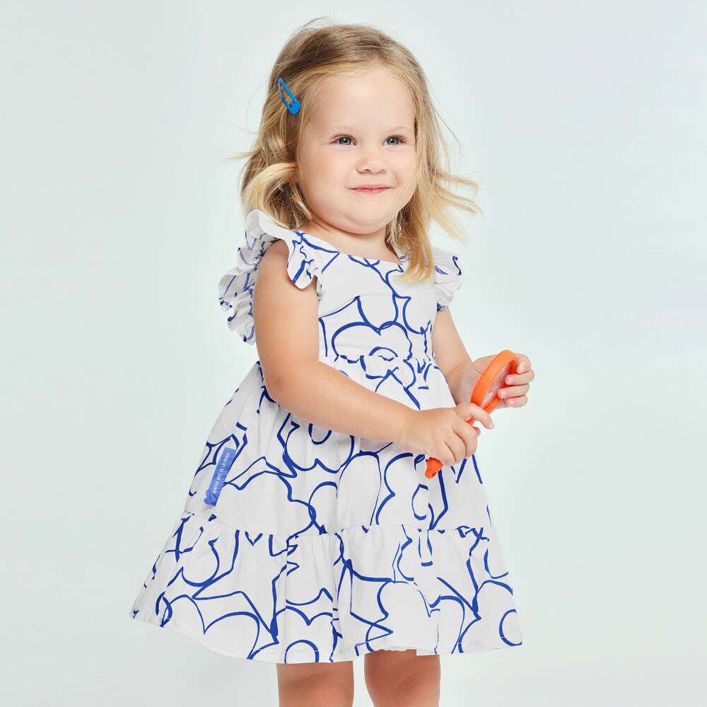 Agatha Ruiz de la Prada-Girls White Cotton Dress with Blue Heart Flower & Star Print | Childrensalon