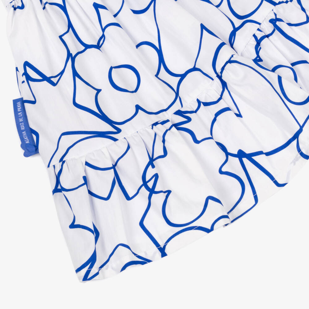 Agatha Ruiz de la Prada-Girls White Cotton Dress with Blue Heart Flower & Star Print | Childrensalon