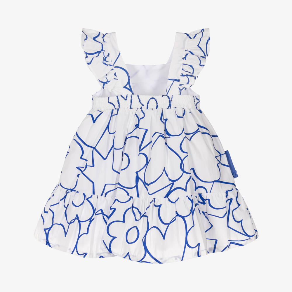 Agatha Ruiz de la Prada-Girls White Cotton Dress with Blue Heart Flower & Star Print | Childrensalon