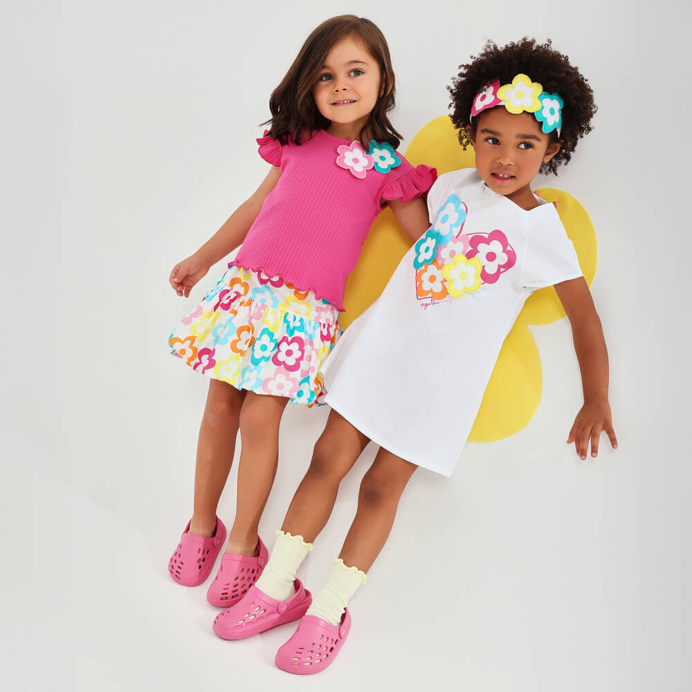 Agatha Ruiz de la Prada-Girls White Cotton Dress with Logo Heart & Flowers | Childrensalon