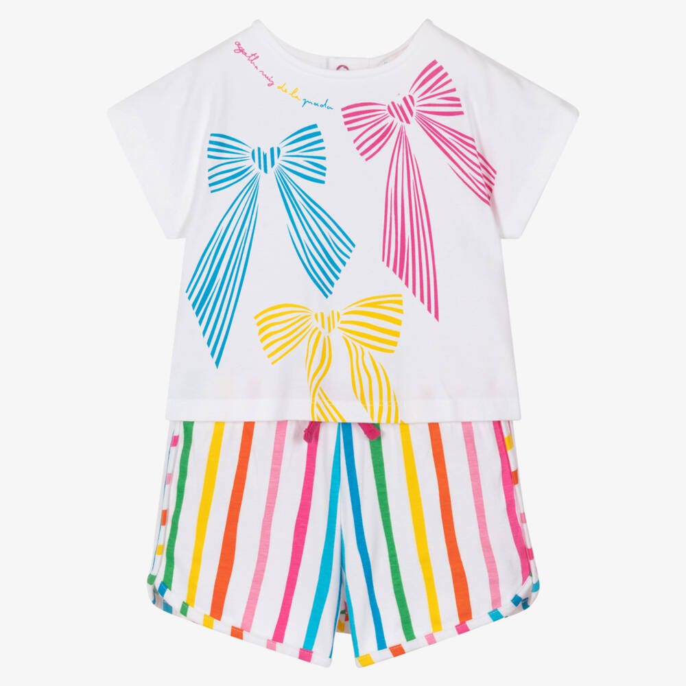 Agatha Ruiz de la Prada-Girls White Cotton Shorts Set with Colourful Bows & Stripes | Childrensalon