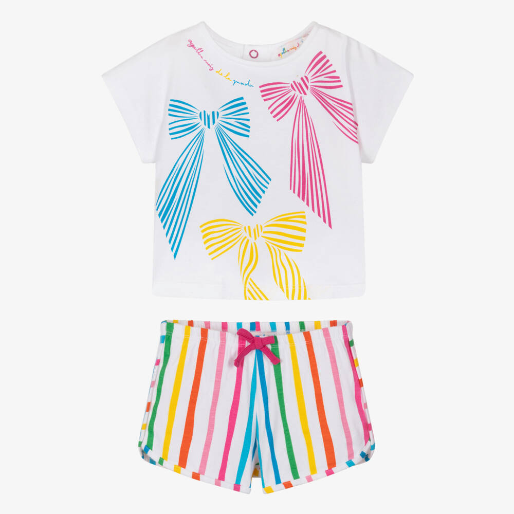 Agatha Ruiz de la Prada-Girls White Cotton Shorts Set with Colourful Bows & Stripes | Childrensalon