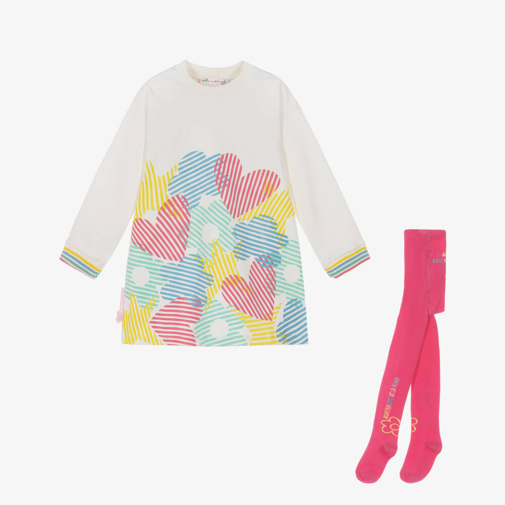 Agatha Ruiz de la Prada-Girls White Cotton Sweatshirt Dress & Pink Tights Set | Childrensalon