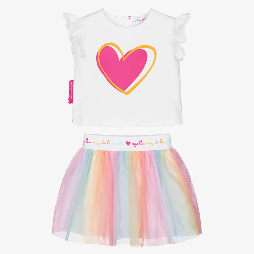 Agatha Ruiz de la Prada-Girls White Cotton Top & Rainbow Tulle Skirt Set | Childrensalon