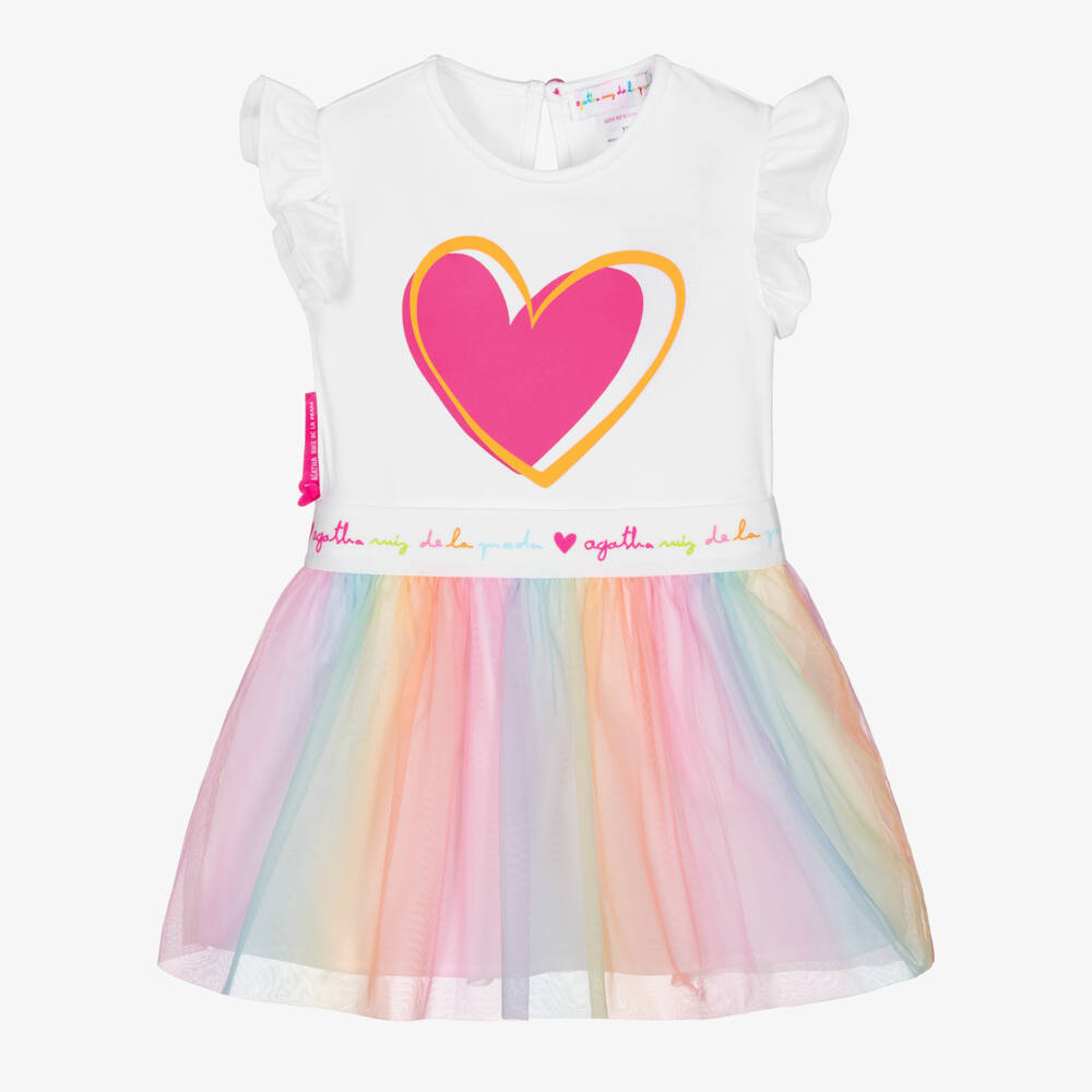 Agatha Ruiz de la Prada-Girls White Cotton Top & Rainbow Tulle Skirt Set | Childrensalon
