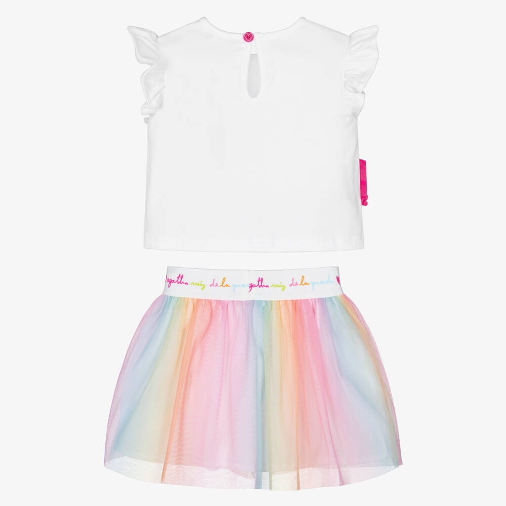 Agatha Ruiz de la Prada-Girls White Cotton Top & Rainbow Tulle Skirt Set | Childrensalon