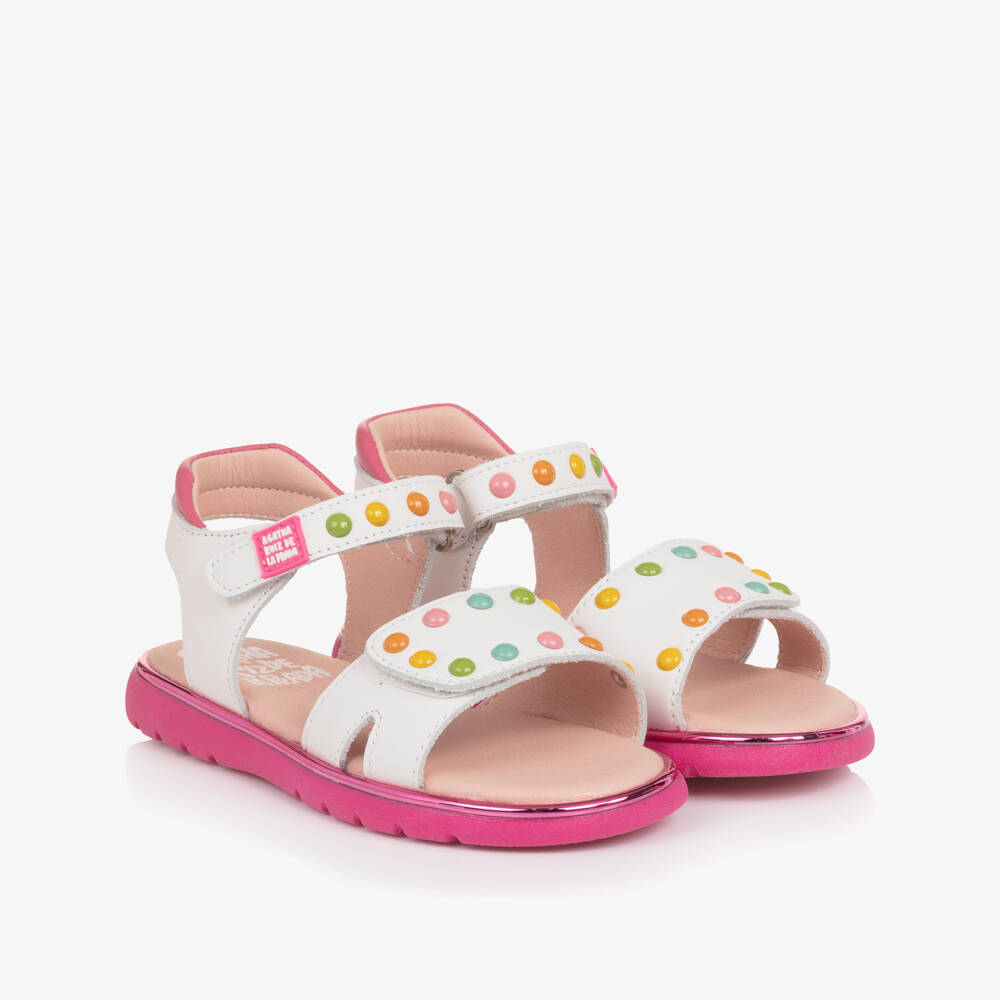 Agatha Ruiz de la Prada-Girls White Leather Velcro Sandals with Colourful Studs | Childrensalon
