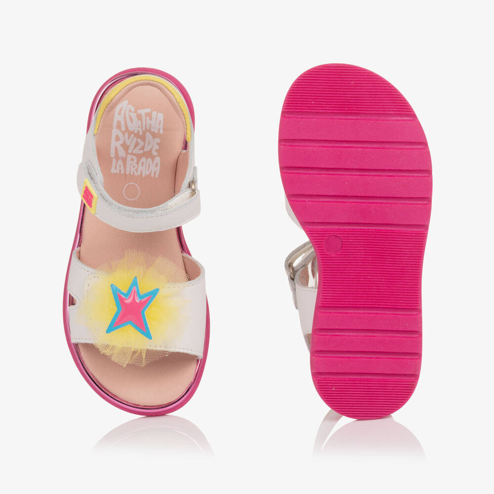 Agatha Ruiz de la Prada-Girls White Leather Velcro Sandals with Tulle Star Appliqué | Childrensalon