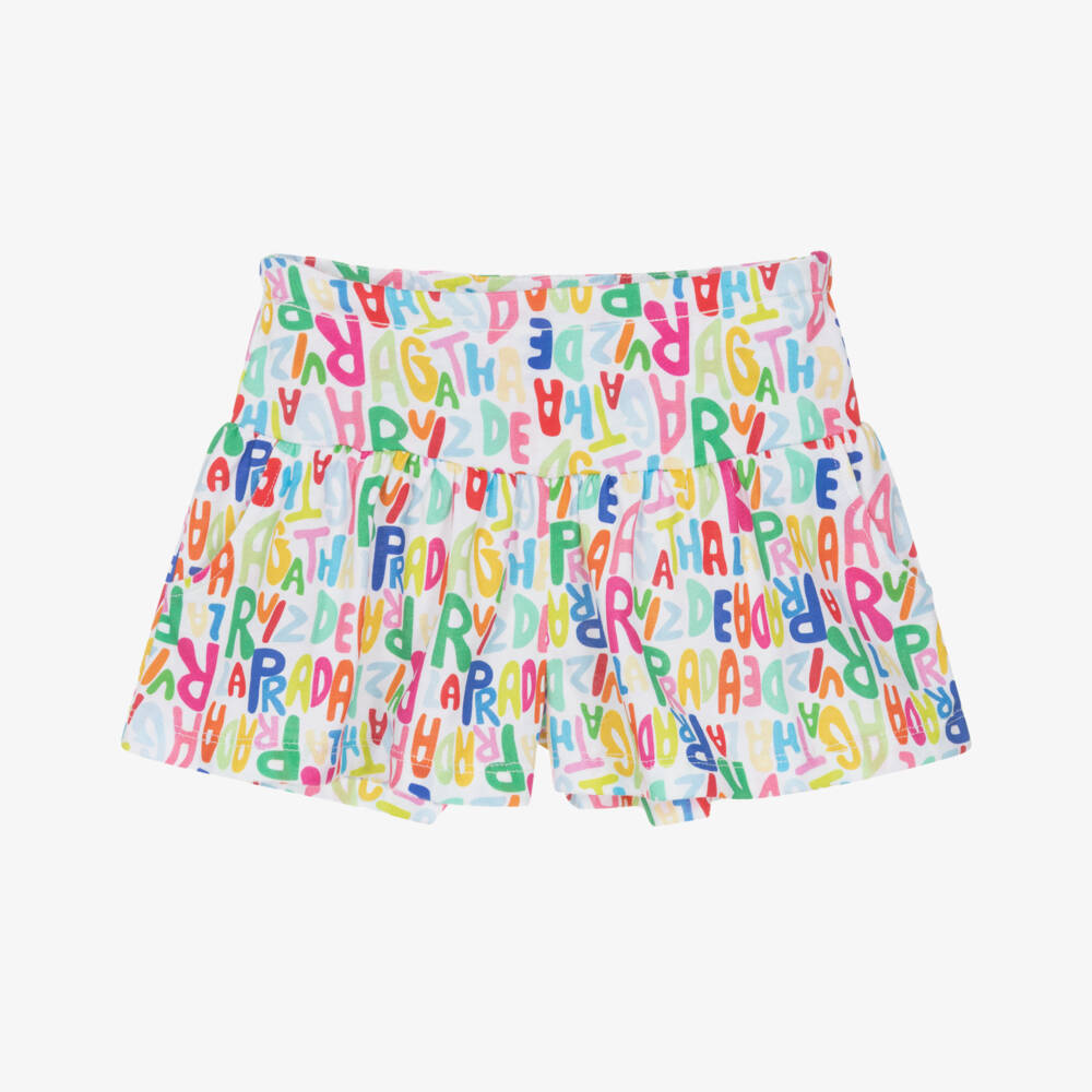 Agatha Ruiz de la Prada-Girls White & Multicolour Logo Cotton Jersey Shorts | Childrensalon