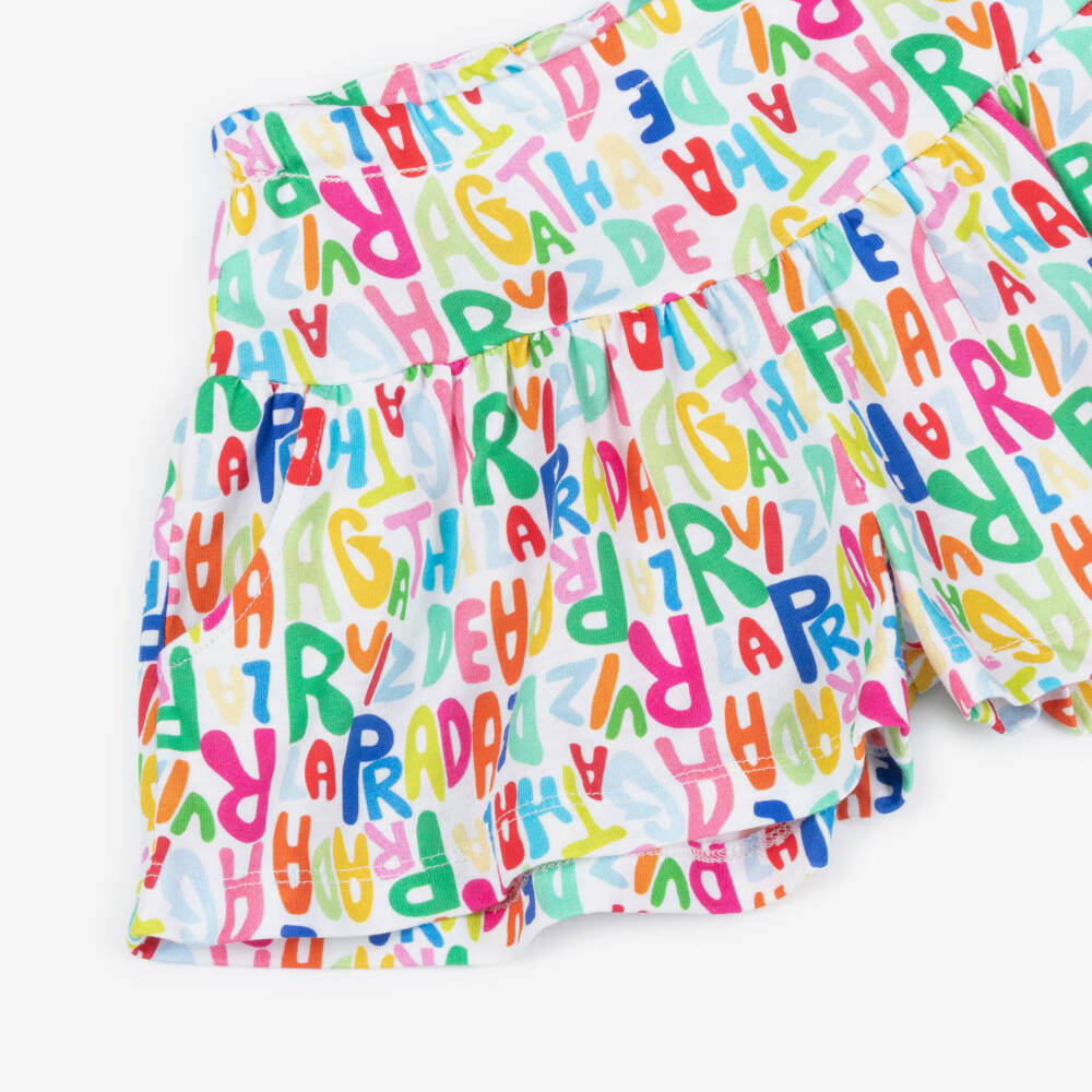 Agatha Ruiz de la Prada-Girls White & Multicolour Logo Cotton Jersey Shorts | Childrensalon