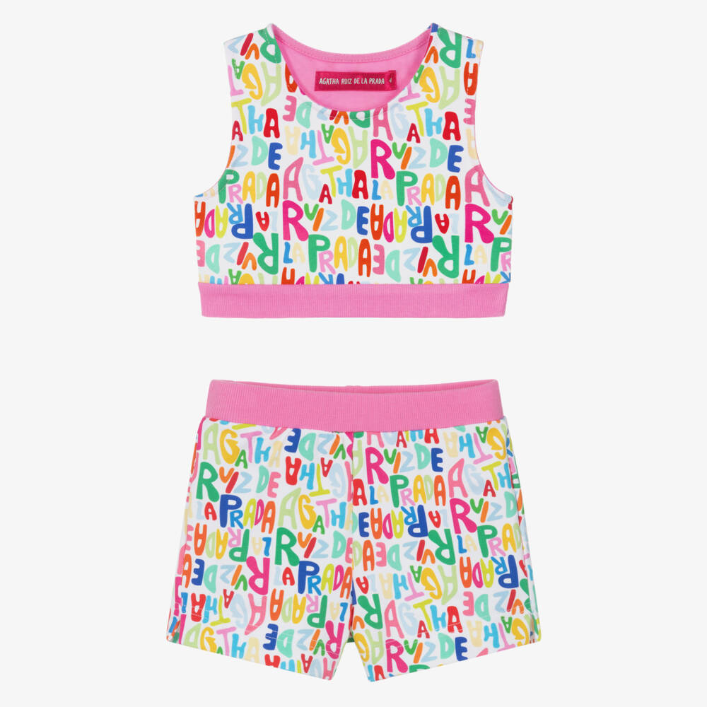 Agatha Ruiz de la Prada-Girls White & Multicolour Logo Cotton Shorts Set | Childrensalon