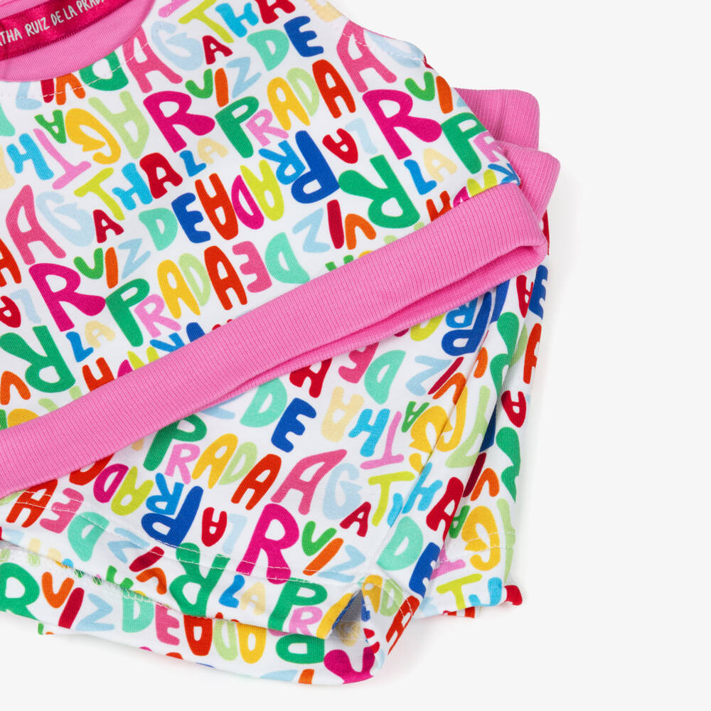 Agatha Ruiz de la Prada-Girls White & Multicolour Logo Cotton Shorts Set | Childrensalon