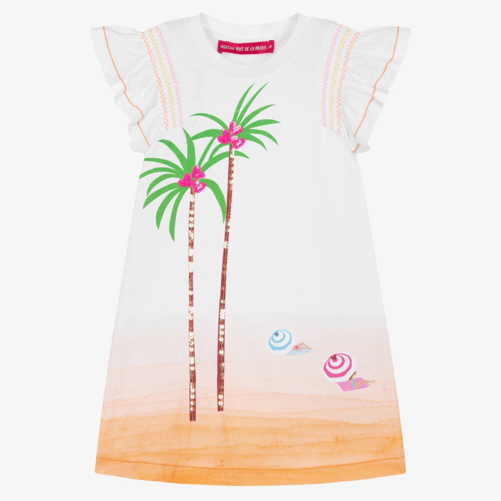 Agatha Ruiz de la Prada-Girls White & Orange Palm Tree Print Cotton Dress | Childrensalon