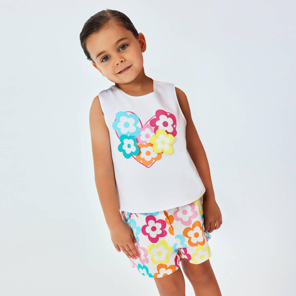 Agatha Ruiz de la Prada-Girls White, Pink & Blue Cotton Shorts Set with Flower Print | Childrensalon