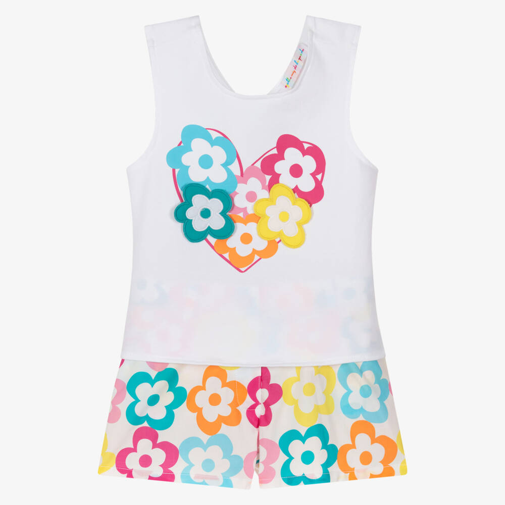Agatha Ruiz de la Prada-Girls White, Pink & Blue Cotton Shorts Set with Flower Print | Childrensalon