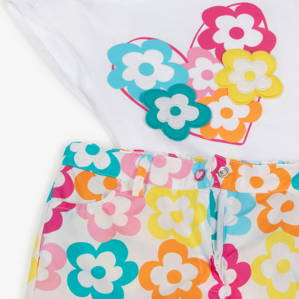 Agatha Ruiz de la Prada-Girls White, Pink & Blue Cotton Shorts Set with Flower Print | Childrensalon