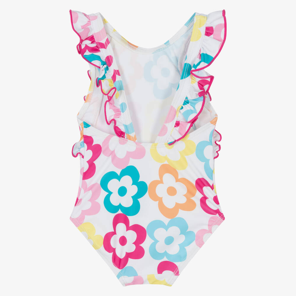 Agatha Ruiz de la Prada-Girls White, Pink & Blue Swimsuit with Flower Print | Childrensalon