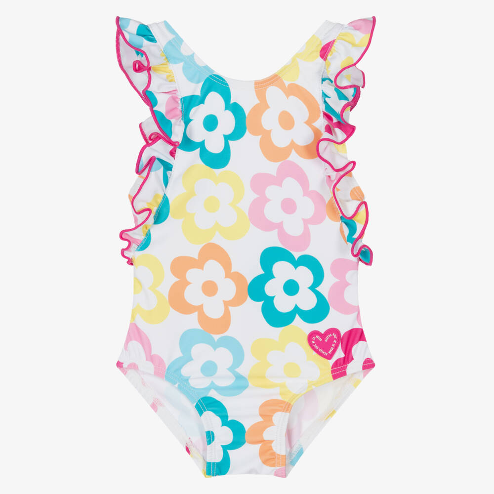 Agatha Ruiz de la Prada-Girls White, Pink & Blue Swimsuit with Flower Print | Childrensalon