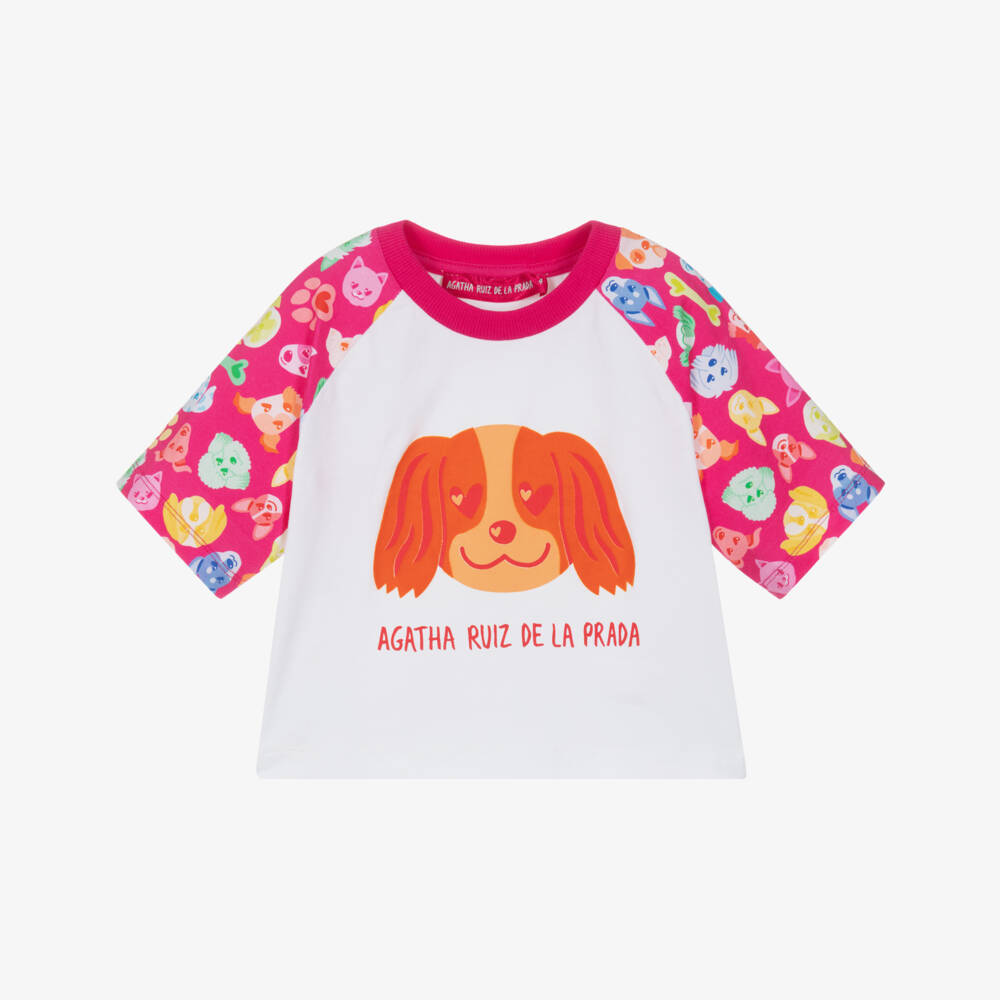 Agatha Ruiz de la Prada-Girls White & Pink Cotton T-Shirt with Dog Print | Childrensalon