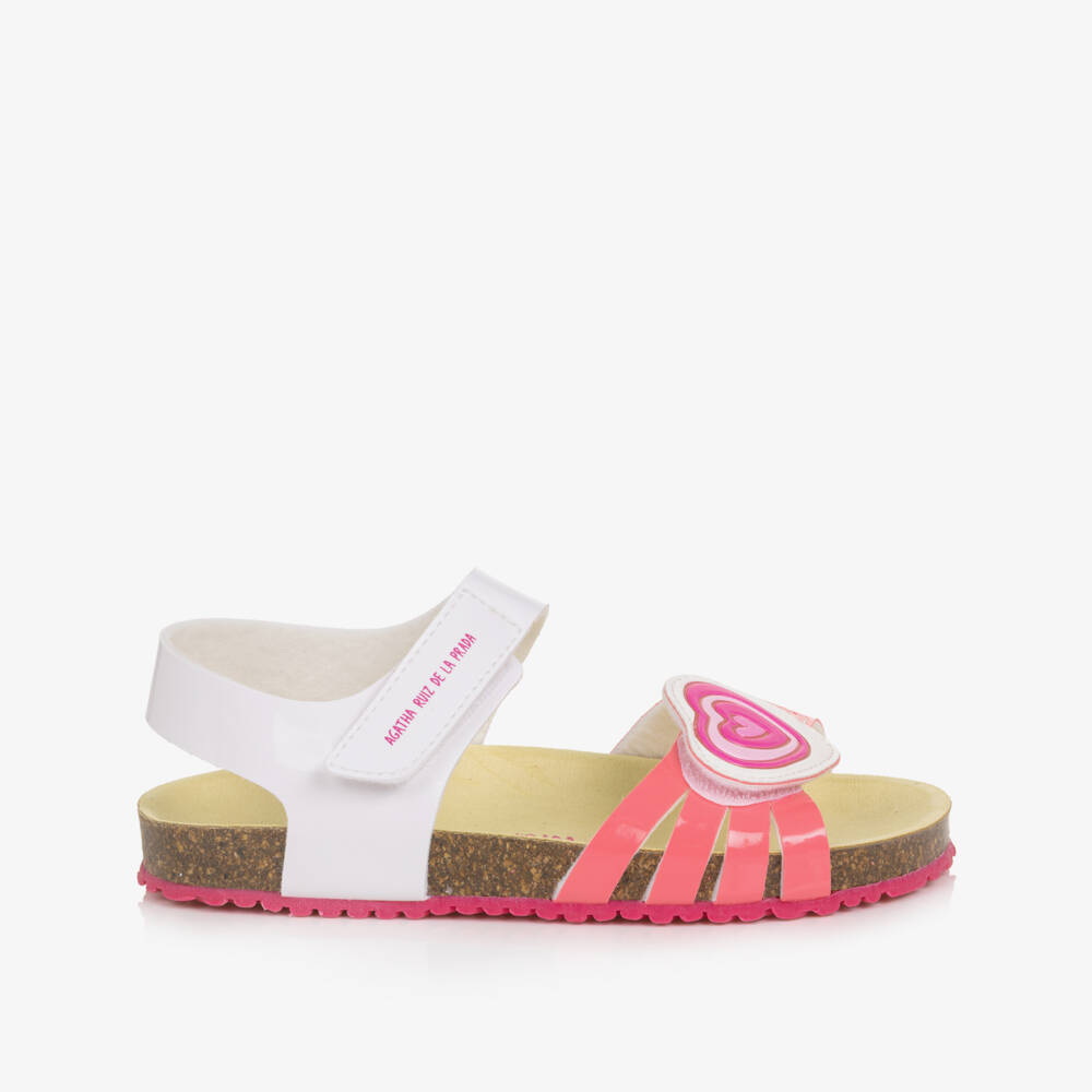 Agatha Ruiz de la Prada-Girls White & Pink Faux Leather Heart Sandals | Childrensalon
