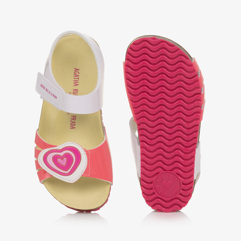 Agatha Ruiz de la Prada-Girls White & Pink Faux Leather Heart Sandals | Childrensalon