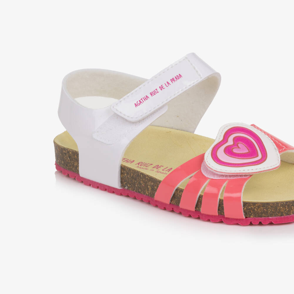 Agatha Ruiz de la Prada-Girls White & Pink Faux Leather Heart Sandals | Childrensalon