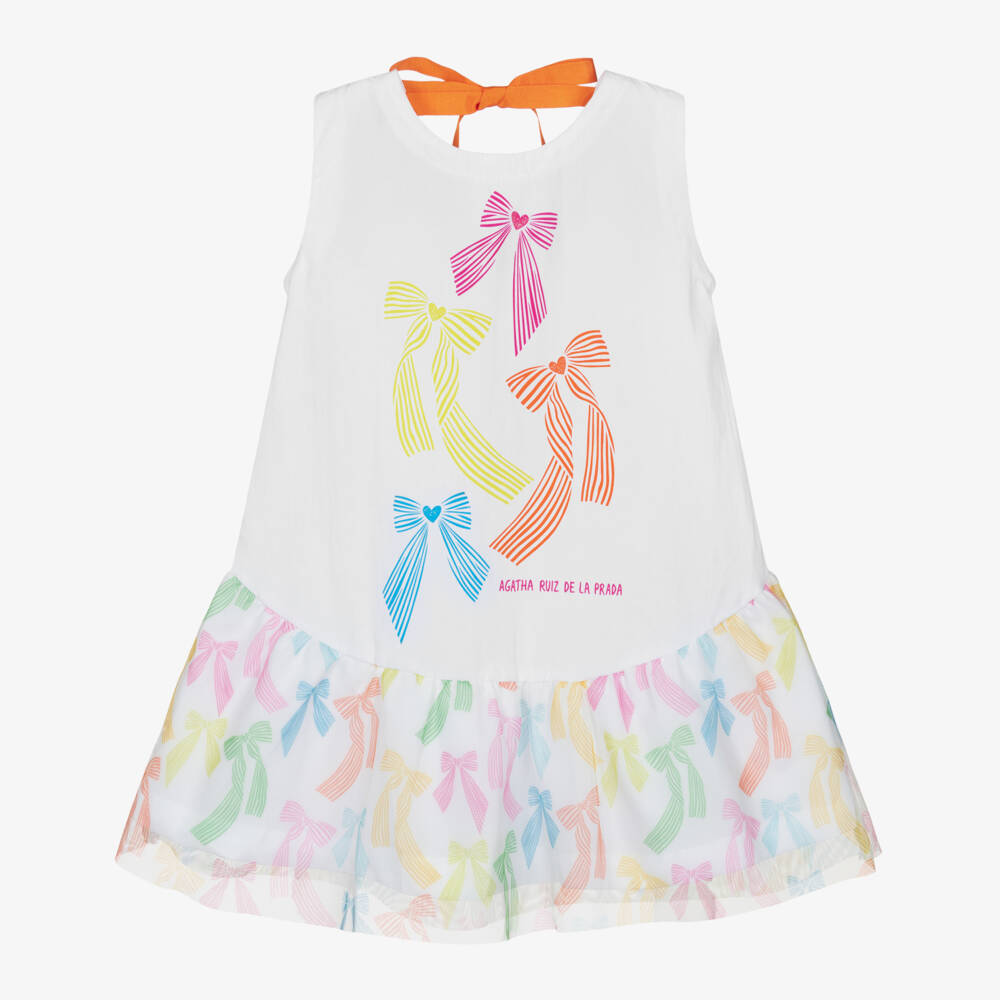 Agatha Ruiz de la Prada-Girls White Poplin Bow Print Dress with Orange Ribbon | Childrensalon
