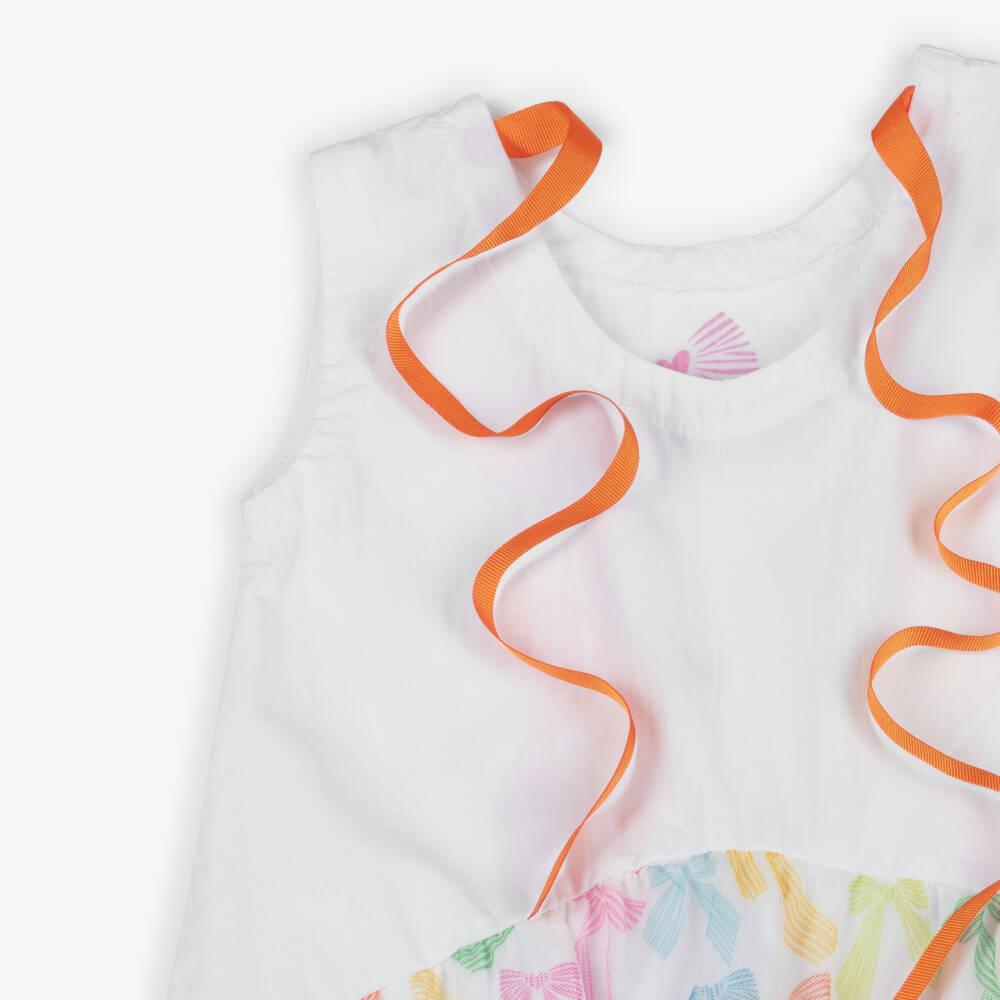Agatha Ruiz de la Prada-Платье белое из поплина с бантиками и оранжевой лентой для девочек | Childrensalon