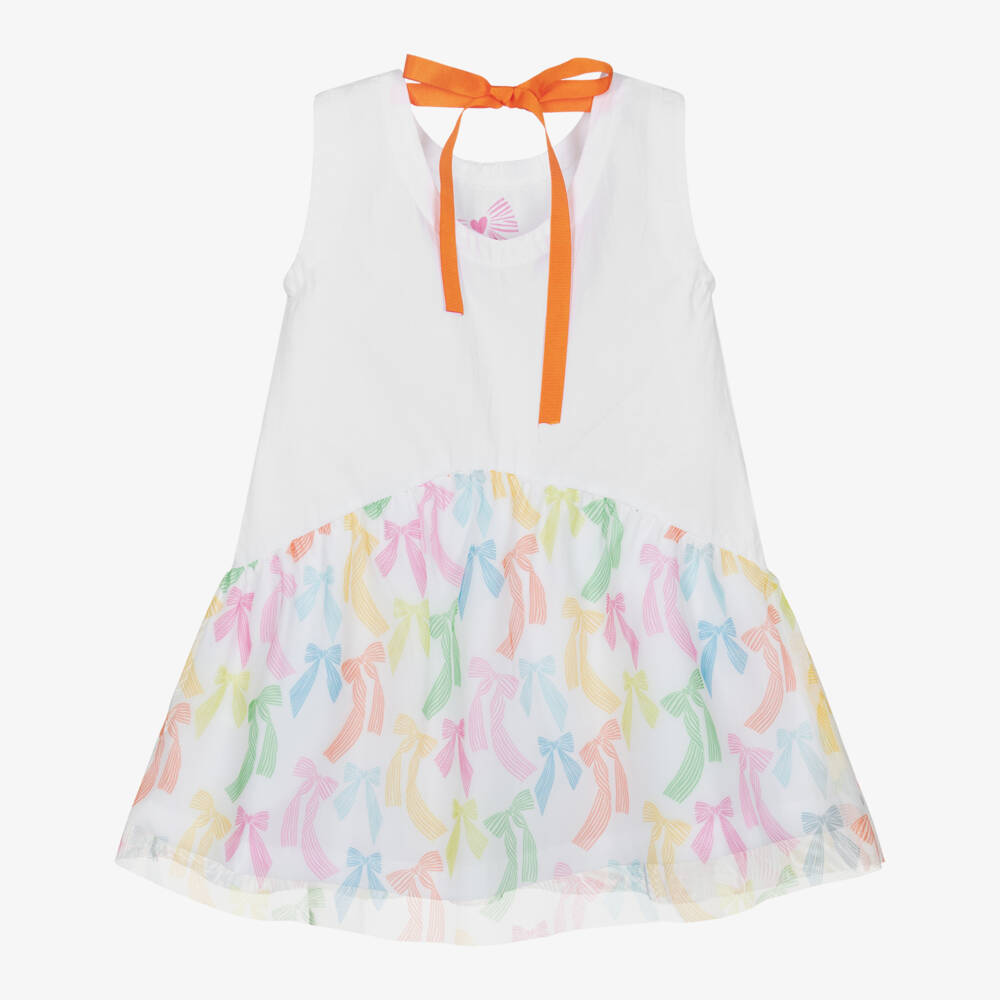 Agatha Ruiz de la Prada-Платье белое из поплина с бантиками и оранжевой лентой для девочек | Childrensalon