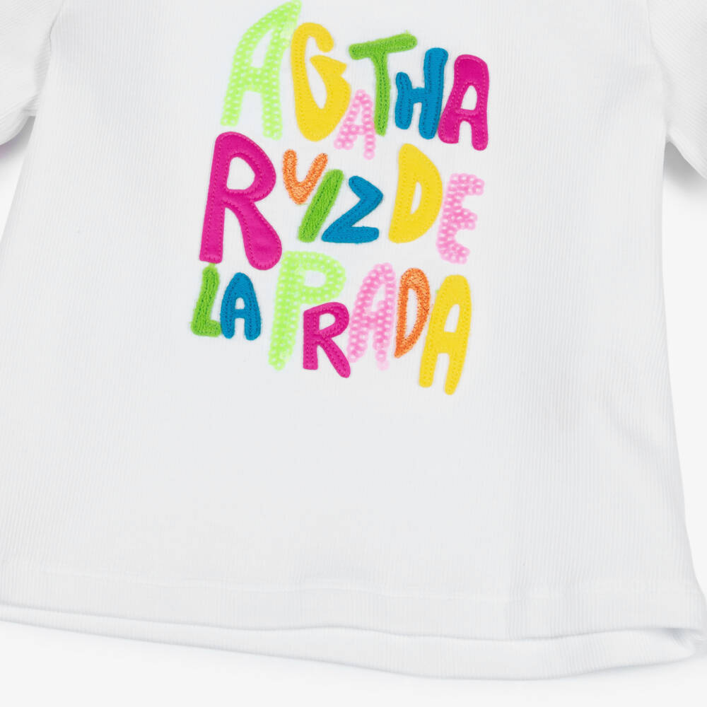 Agatha Ruiz de la Prada-Girls White Ribbed Cotton Logo T-Shirt | Childrensalon